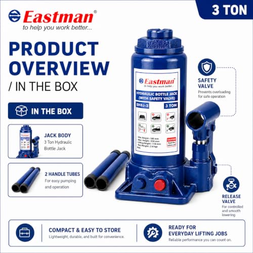 Image of Hydraulic Bottle Jack 3 Ton Heavy Duty Steel Jack for Car, SUV, Truck Portable Hydraulic Lift Tool with Easy Pump Handle & Wide Base for Stability