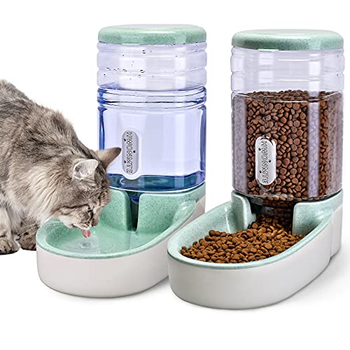 Automatic Dog Cat Feeder and Water Dispenser Gravity Food Feeder and Waterer Set for Small Medium Dog Puppy Kitten, Large Capacity 1 Gallon x 2