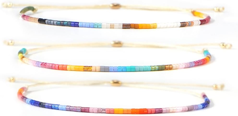 Seed Beaded String Rope Adjustable Bracelets Set for Women Men, Small Colorful Boho Rice 3Pcs Stack Handmade Thin Jewelry, Daily Beach Vacation Friendship Gift