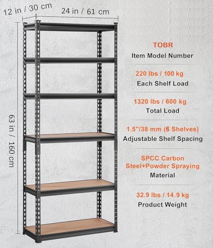 Image of Adjustable 6-Shelf Metal Storage Rack | Heavy-Duty Steel Boltless Rivet Utility Shelving Unit for Garage, Kitchen & Office | 62 Inches Height (62 x 24 x 12 in) - Black