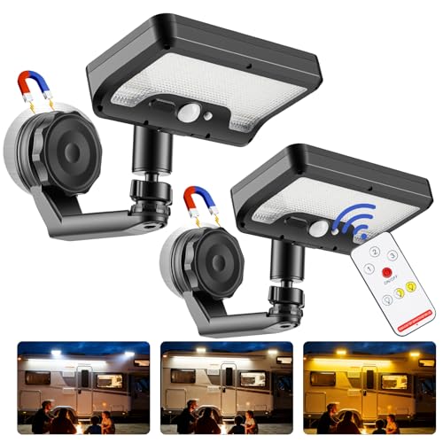 DZGKGM Magnetic Solar RV Lights Outdoor with Remote USB &Solar Charging 3 Colors Motion Sensor Exterior LED Lights with Adjustable Bracket for Camper Step Awning & Garage IP65 Waterproof 2 Pack
