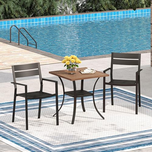 Image of VICLLAX Small Patio Dining Table for 2, Square Metal Slatted Tabletop with Storage Shelf for Front Porch Lawn Garden, Walnut Tabletop(No Umbrella Hole)