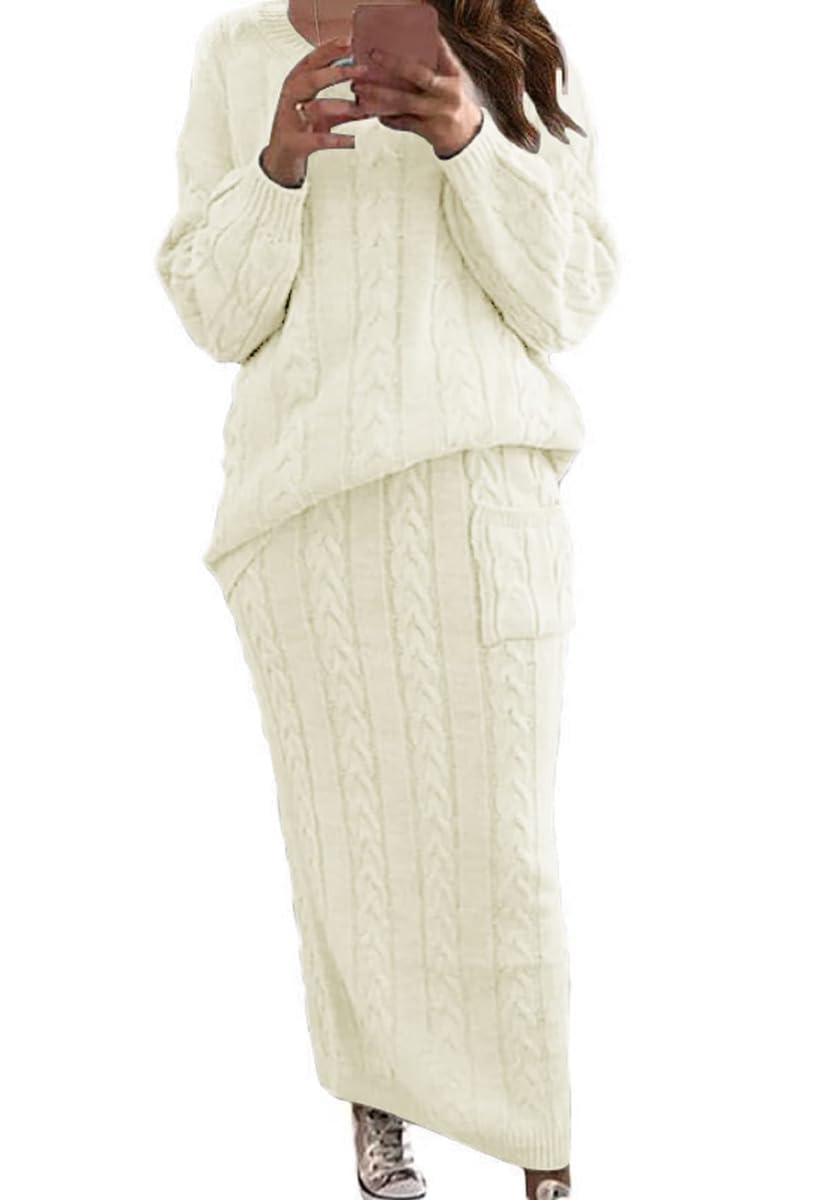 chouyatou Women Winter Casual Chunky Cable Knit Long Pencil Skirt 2 Piece Outfit Oversized Pullover Sweater Sets