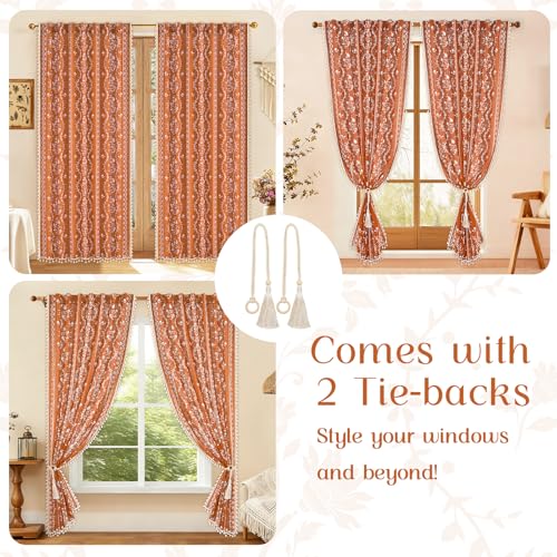 Image of Yinhua Boho Curtains for Living Room 63 Inch Length Vintage Linen Orange Curtains for Bedroom Light Filtering Floral Window Curtain Rod Pocket & Back Tabs Farmhouse Rustic Tassel Drapes with Tiebacks