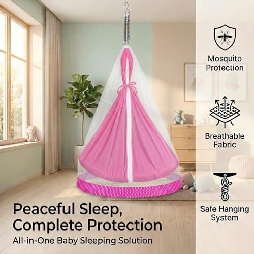 Image of Vparents Sleeping Essentials Set Mosquito Net & Spring (Pink) | Window Stand not Included, Polka Dots
