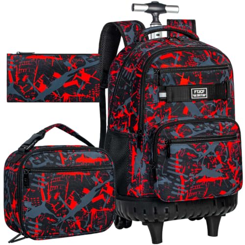 Image of 3Pcs Rolling Backpack for Boys, 19 Inche Adults Roller Bag with Wheels, Graffiti Wheeled Bookbag Set for Men(Red)