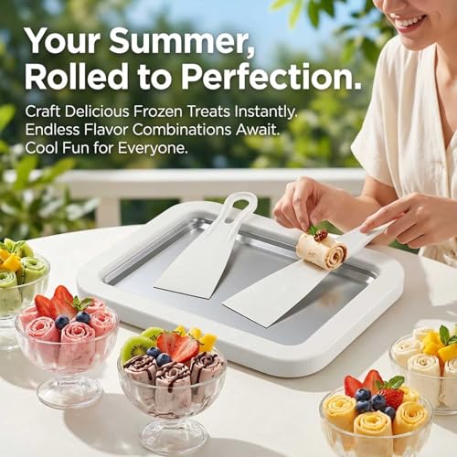 Image of Rolled Ice Cream Maker Kit, DIY Ice Cream Roll Tray with 2 Scrapers, No Electricity Required, Stainless Steel Freezing Plate for Rolled Ice Cream, Frozen Yogurt, Sorbet (White)