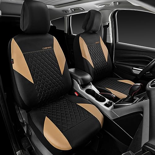 Image of CAR PASS Quilting Leather Front Seat Covers, Automotive Waterproof Deluxe PU Premium Vinyl Luxury Two Front Seats Only Universal Fit for Cars Sedans SUVs Airbag Compatible,2 Pieces,Black&Beige
