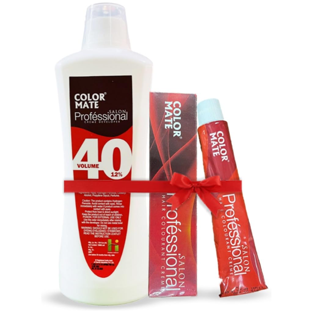 Color Mate Salon Professional hair colourant creme (2 tubes) 80g + Hair Colour Developer 40Vol 12% | 1000 Ml COMBO. (Copper red 8.65)-image-23