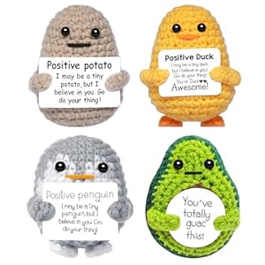Mini Positive Potato Gifts, 4PCS Cute Crochet Animals Penguins Woll Doll with Positive Card, Funny Emotional Support Best Friends Christmas Birthday Gifts for Women Men Office Desk Decor