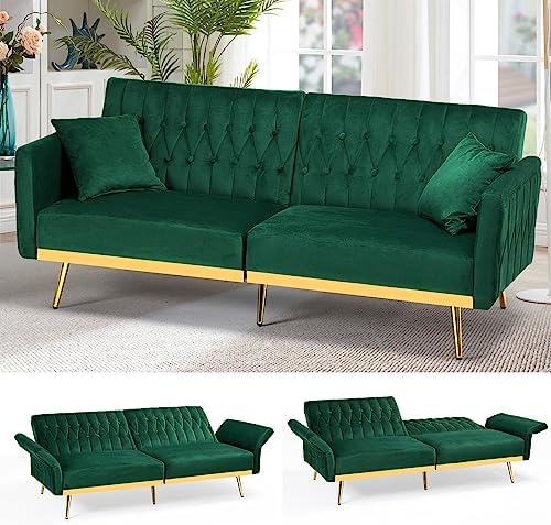 ACMEASE 70” Velvet Futon Sofa Bed w/Adjustable Backrests and Armrests, Convertible Futon Couch with Two Pillows, Modern Tufted Sleeper Bed for Living Room, Bedroom,Green