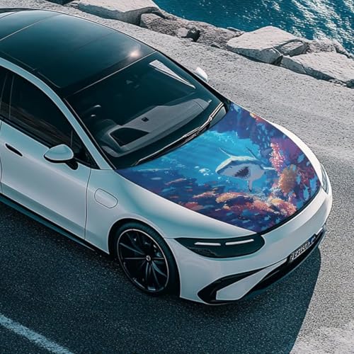 Image of Hood Cover for Car SUV Sedan Truck, Shark Pattern Waterproof Elastic Polyester Car Hood Protector, Patriotic Decorative Automotive Accessories for Summer