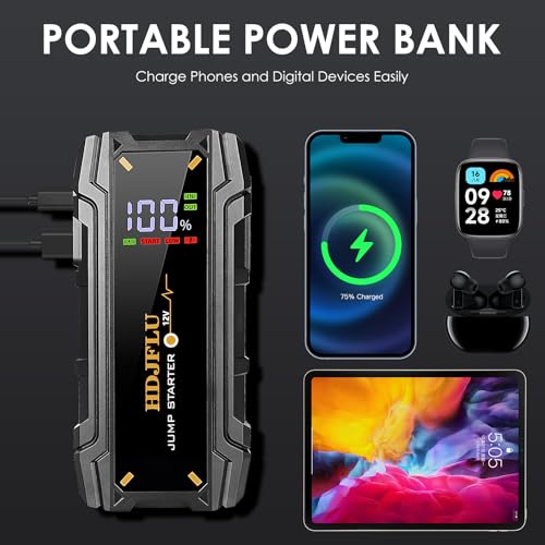 QC3.0 USB-Ports und integriertem SOS-LED-Licht für Notfälle (109 Zeichen) - Detailansicht von 3000A HDJFLU Starthilfe...