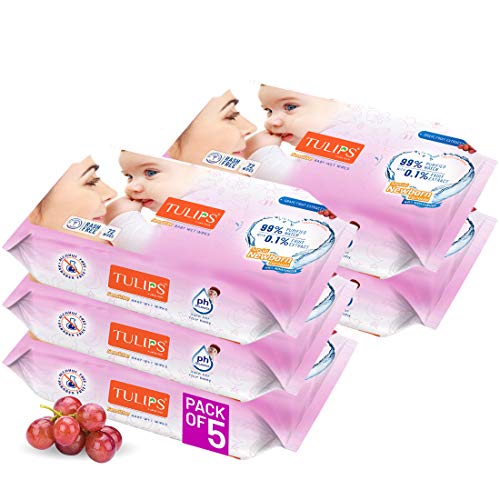 Image of Tulips Sensitive Baby Wet Wipes (360 Wipes) 72 x 5 Pack, for Gentle Cleaning /Moisturising, Rash Free, 99% Purified Water with Grapefruit Extracts