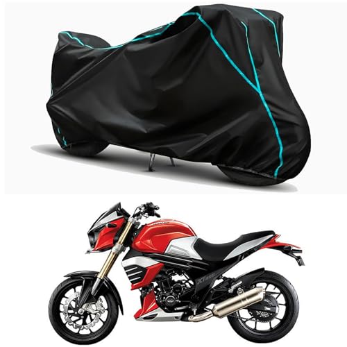 Image of Waterproof Bike Body Cover Compatible for | Mahindra Mojo | Taffeta Fabric, Sky Piping Design, Bottom Elastic Fit | Dustproof, Sun UV & Rain Protection for All Weather.