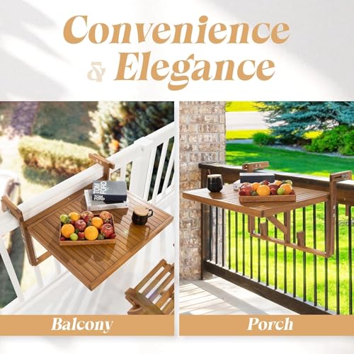 Acacia Wood Folding Balcony Deck Table for Railings Adjustable Height & Width Teak Brush Finish Durable Against Weather Outdoor Furniture