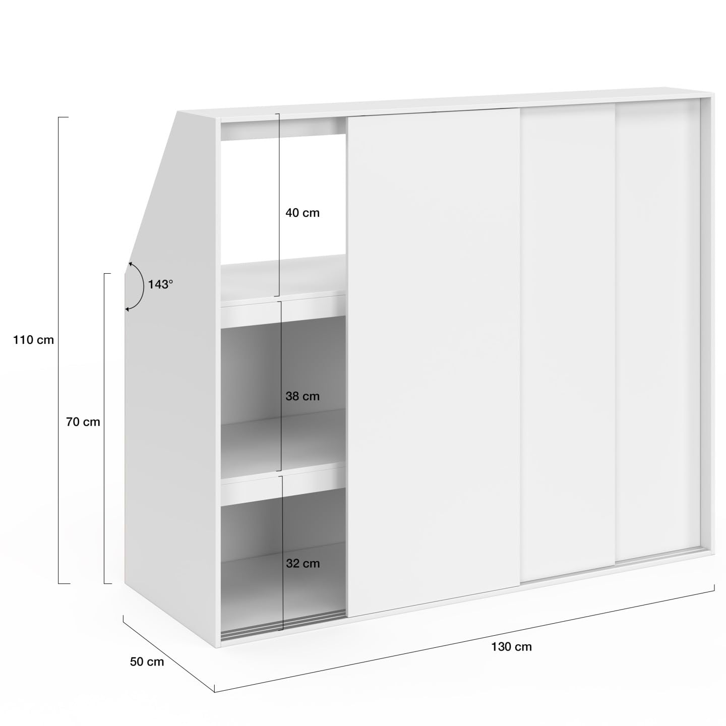 IDMarket - Armoire sous Pente 3 Portes coulissantes 3 Niveaux TOMI 130 x 50 x 70/110 cm Blanc