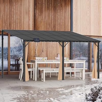 Benass 10x14 Outdoor Lean to Gazebo, Large Wall-Mounted Pergola Gazebo, Hardtop Heavy Duty Pavilion with Metal Frame, Awnings for Patios, and Permanent Gazebos for Decks and Backyards