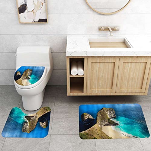 3-teilig Badematten Set, 3D Digitaldruck Meereslandschaft Badteppich Sets rutschfest Badvorleger Blau Waschbar U…