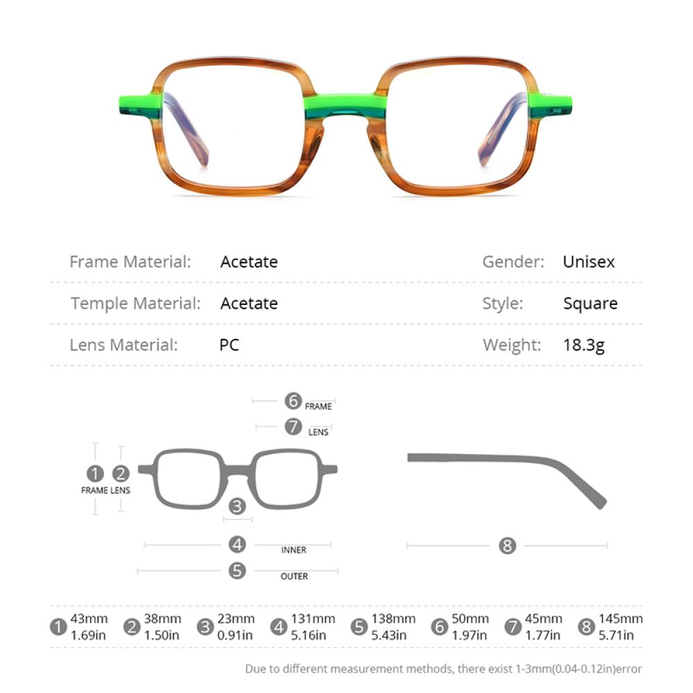 MUTYNE Montura de gafas de acetato multicolor para hombre, anteojos cuadrados retro, gafas para mujer