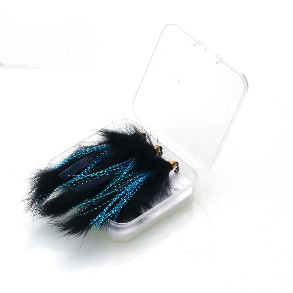3-Piece 3colors Box 1/0# Rabbit Strip Fly Fishing Lure Conehead Streamer Flies for Steelhead Salmon Pike Trout Bass 90° Jig Hook Saltwater
