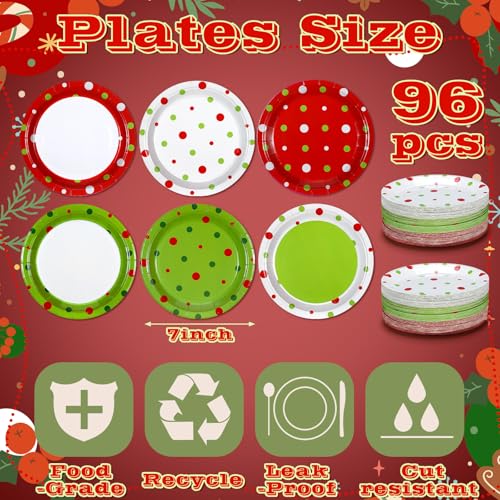 Image of Fourluoo 96 Pcs Christmas Paper Plates Lime Green and Red Disposable Dinner Plates for Xmas Party Table Supplies