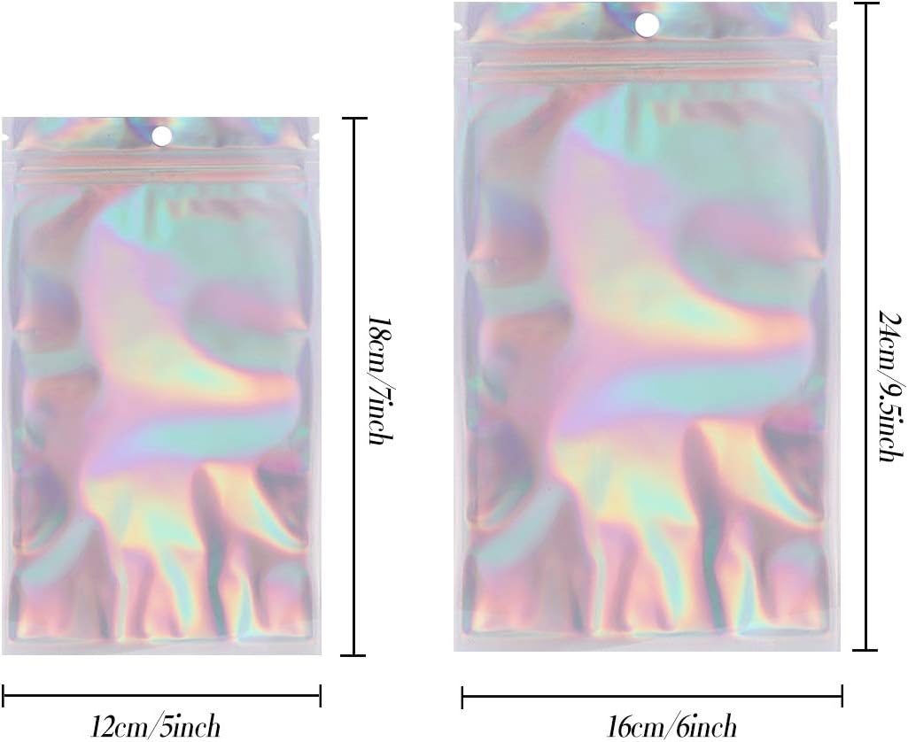 GothicBride Resealable Bags for Packaging 100pcs (5 x 7 & 6 x 9.5 Inch) Smell Proof Bag Foil Ziplock Holographic Color Bag for Packaging Jewelry and Gifts