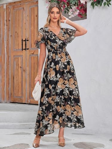 Image of Simplee Women's Boho Floral Maxi Dress Flowy Casual V Neck Short Sleeve Wedding Guest Holiday Beach Long Dress