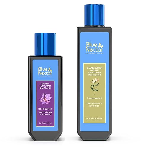 Blue Nectar Paquete ayurvédico para el cuidado de la piel, aceite de Kumkumadi para brillo radiante y aceite de masaje sensual de jazmín para