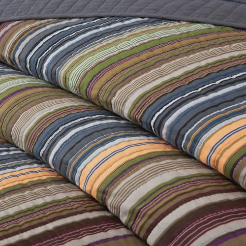 Image of Chezmoi Collection Avery Striped Cotton Quilt Set Daybed Size, 5-Piece Soft Pre-Washed 100% Cotton Quilt, Multi-Color Green