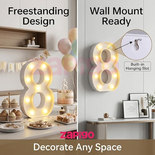 Image of Balloonistics LED Marquee Number 8 Light - 9-Inch Cordless Battery-Operated Light Up Number Sign for 8th Birthday, Anniversary, Wedding, Party Decoration, Photo Booth Backdrop, Cake Table Decor