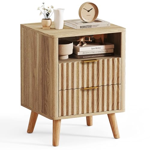Night Stand Table with 2 Drawers, Nightstand Fluted Wood Bedroom Bed Side Table Living Room End Table with Open Storage Layer, Mid-Century Modern Black Nightstand Wooden Bedside Table, 1 Pc