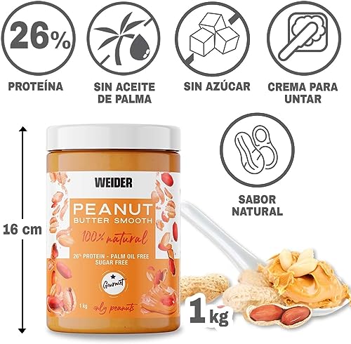 Weider Peanut Butter - Erdnussbutter - 100 Prozent gemahlene Erdnüsse - 100 Prozent natürlich - ohne Konservierungsstoffe - ohne Palmöl - ohne Salzzusatz - vegan - cremige Textur - 1 kg