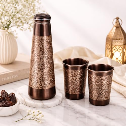 Image of JAIPUR ACE Hammered Pure Copper Water Bottle with Glass Set | 100% Copper Bottle Set | Leak Proof, Ayurvedic Health Benefits, Premium Design Gift Set for Home, Office, Gifting (3d Engraving)