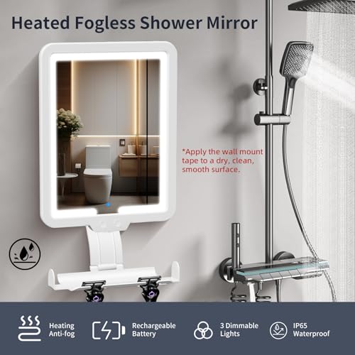 JJhxr Heated Shower Mirror Fogless for Shaving, 3 Color Dimming Shower Shaving Mirror, 9.5 * 8inch Anti-Fog Shower Mirror with Lights, Wall-Mounted Large Shaving Mirror with Razor Holder