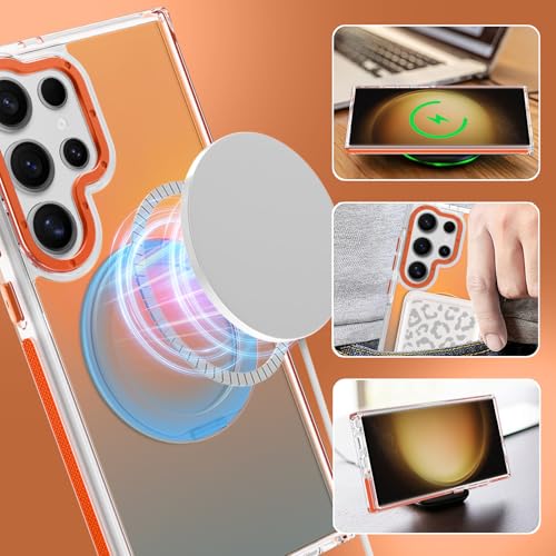 Image of Magnetic for Samsung Galaxy S23 Ultra Case with 360 Stand [Compatible with Magsafe] [Fluorescent Design] [1 Screen Protector] Slim Translucent Matte Case for Galaxy S23 Ultra 6.8 inch, Orange