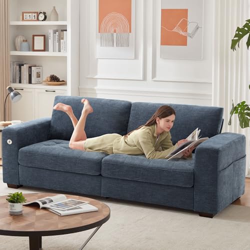 Image of Ihanherry 2-Seater Couch with Extra Large Sofa Seat Width & Depth, USB /Type-C Charging Port & Side Pocket, Modern Sofa for Living Room, Removable Medium Firm Cushion, Breathable Chenille(89inch, Blue)