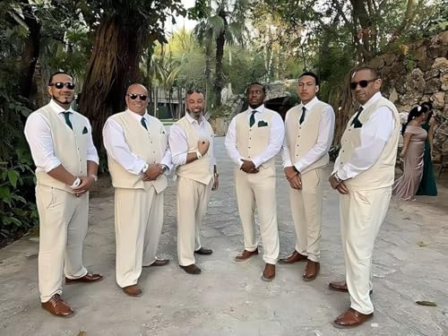Men's Linen Suits 2 Piece Slim Fit Groomsmen Suit Summer Beach Wedding Prom Vest and Pants Set4