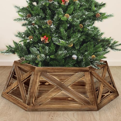 Yoochee Wooden Christmas Tree Collar, 6 Panels 30'' Hexagon Brown Christmas Tree Base Cover Decor for Artificial Tree,Rustic Farmhouse Tree Skirt Alternative for 4-7.5 ft Tree, Fit 27'' Tree Stand