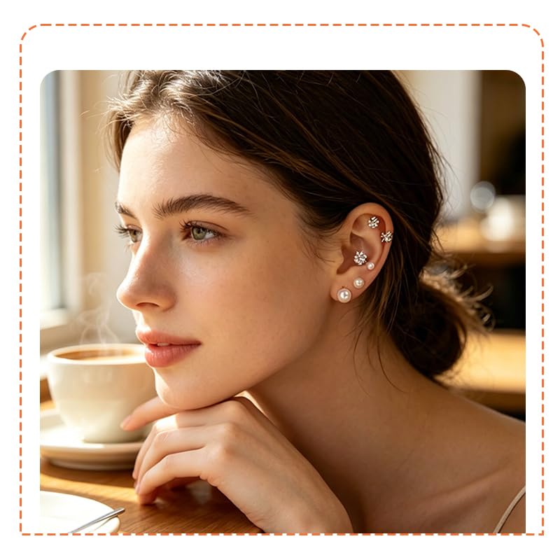 Image of CZ Stud Pearl Earrings for Women Girls Hypoallergenic Earring Set Ear Studs Jewelry for Birthday Christmas Party Gifts Silver 9 Pairs