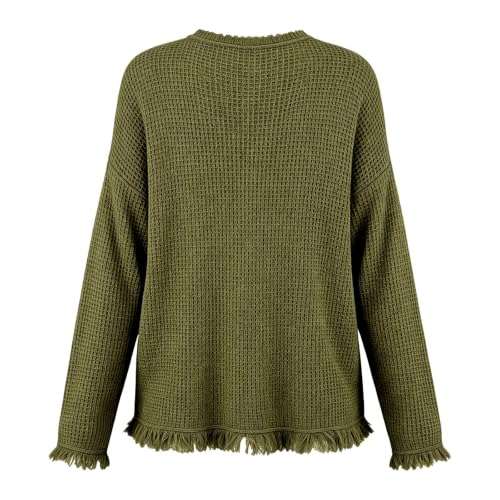 Waffle Knit Tops For Women Vintage Long Sleeve V Neck Frayed Raw Shirts - image 5