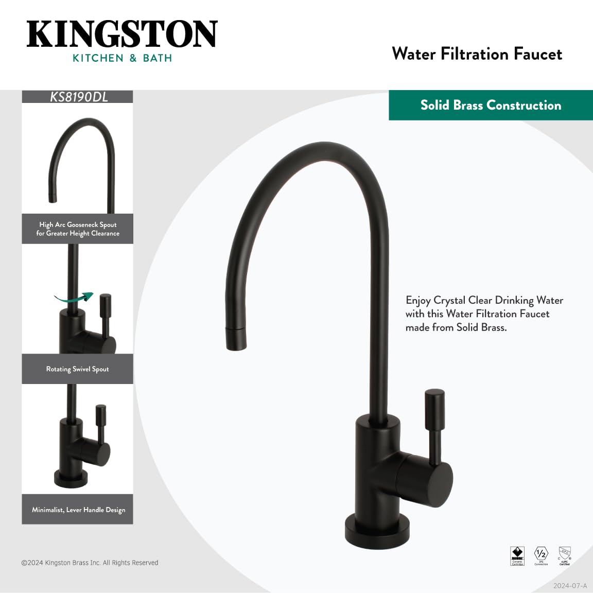 Kingston Brass KS8197DL Grifo de filtración de Agua de 1/4 Vuelta, Latón Satinado, 5-7/8"
