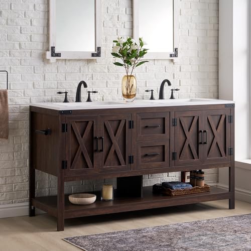 AMERLIFE 60” Farmhouse Bathroom Vanity with Double Sink, Freestanding Cabinet with 2 Drawers, 4 Barn Doors & Open Shelf, Rustic Storage for Master or Family Bathroom, Rustic Brown