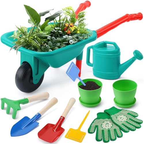CUTE STONE Kids Gardening Tool Set with Wheelbarrow, Outdoor Garden Toys for Toddlers Ages 3+, Includes Metal Shovel, Hand Rake, Watering Can and Gloves for Boys & Girls