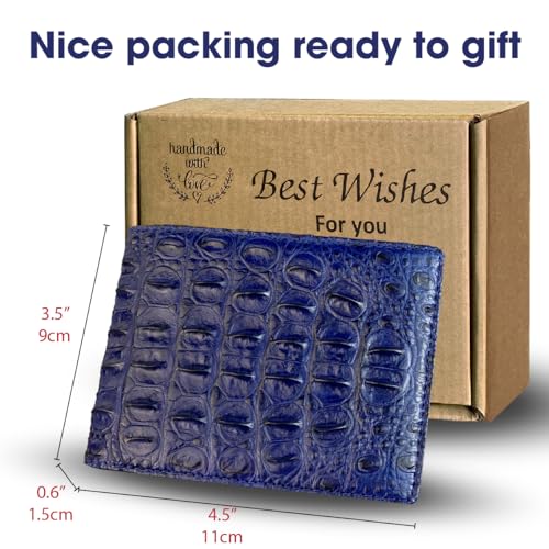 Navy Blue Mens Alligator Hornback Leather Billfold Wallet Crocodile Passcase Bifold Luxury Wallet Multiple RFID Blocking Security Handmade Exotic Leather With Flip-out ID Window Gift Men VINAM-1064