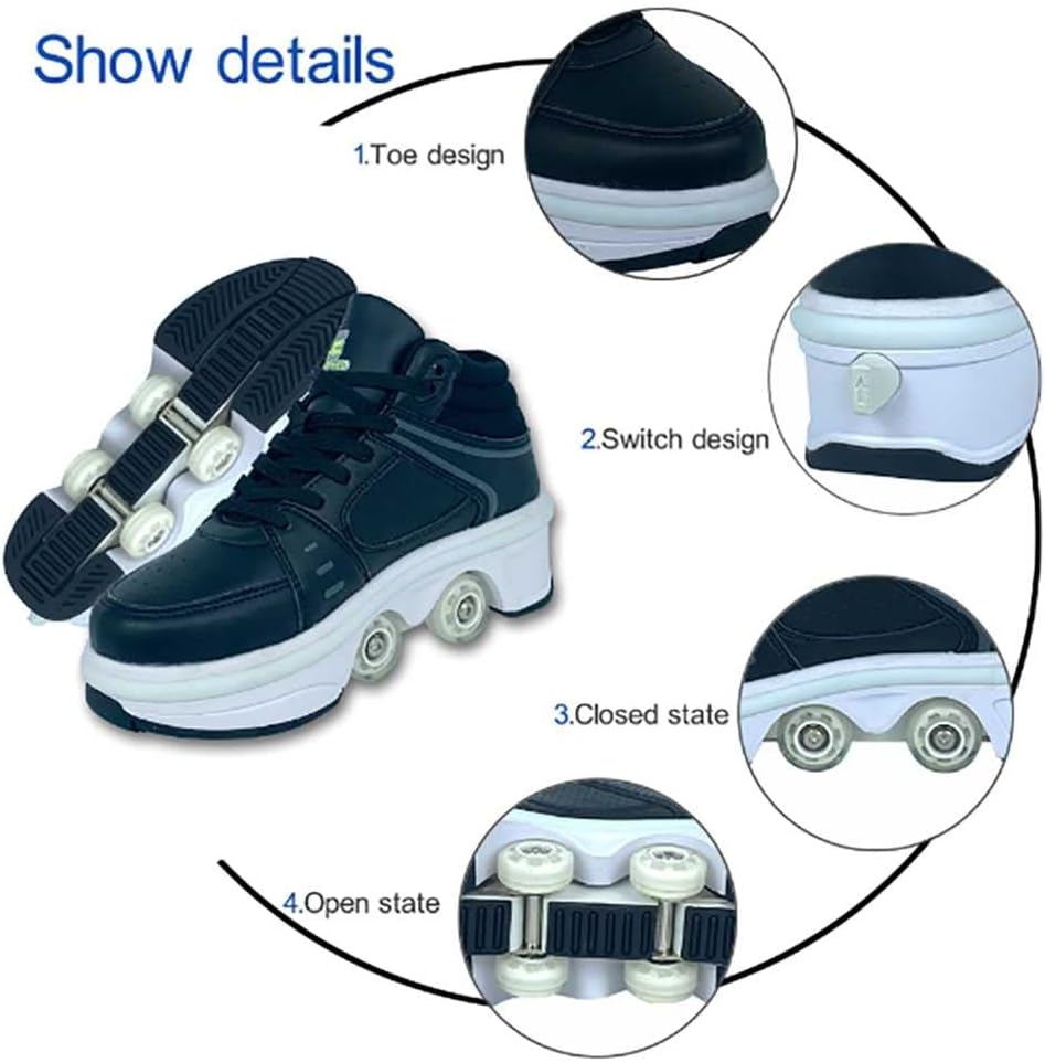 Roller Skates for Women Men Outdoor,2 in1 Parkour Shoes with Wheels for Girls/Boys,Double Row Deform Kick Roller Shoes Retractable Adults/Kids,Quad Roller Skates,Skating Shoes Recreation Sneakers