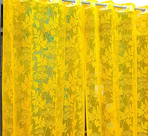 Image of Honger Semi Sheer Transparent Floral Design Heavy Tissue Net 4 x 5 Feet Window Curtains Pack of 2 Pecs Yellow Sheer Net for Home Living Room Curtains
