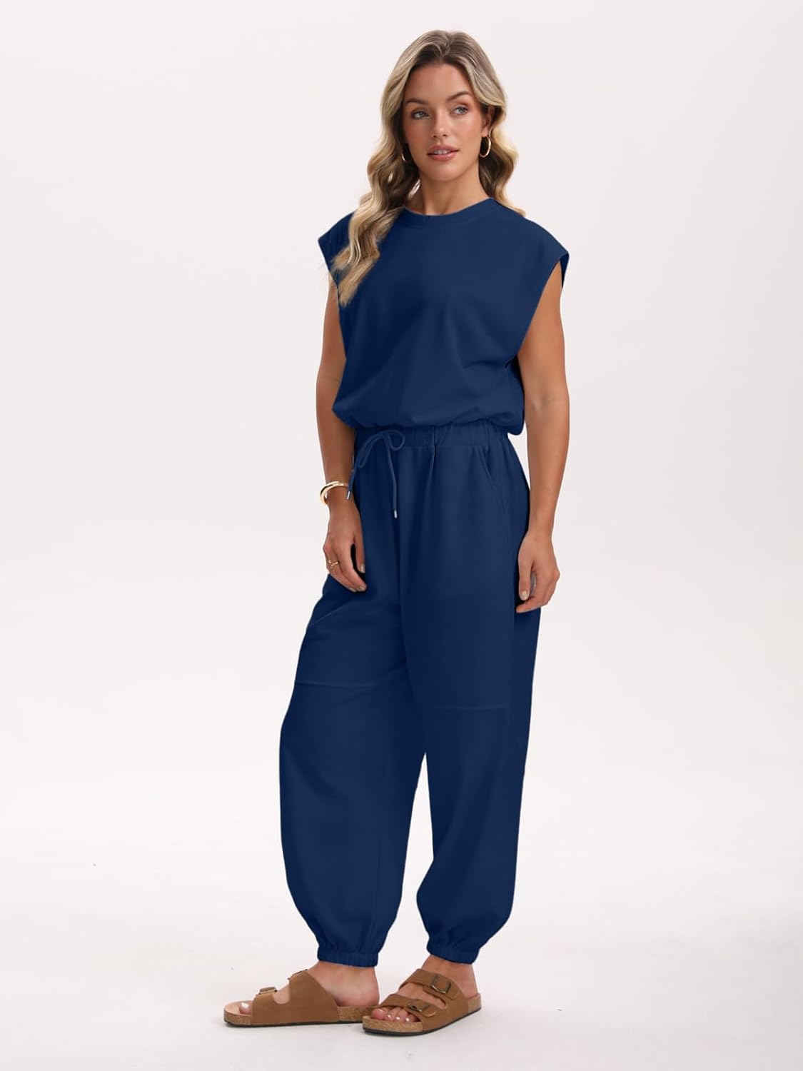 Womens Casual Jumpsuit Crewneck Cap Sleeve Long Wide Leg Pants One Piece Outfits Drawstring Romper with Pockets - Image 3