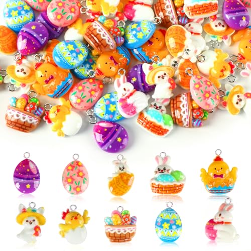 DTOFOOT 50Pcs Easter Charms Resin Charm for Craft Egg Bunny Rabbit Chick Charms for Jewelry Making Spring Pendants Ornaments Bulk Easter Basket Stuffers Party Favors Gift