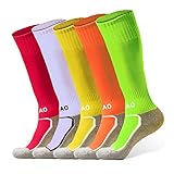 5 Pairs Kids Soccer Socks Boys Girls High Tube Long Knee Athletic Football Socks (4-13 Years) color mess (Bright green + bright yellow + bright orange + white + Rose Red, Small)